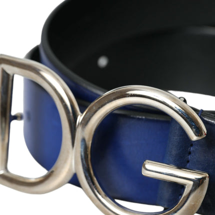 Blue Leather Silver Metal Logo Buckle Belt Men