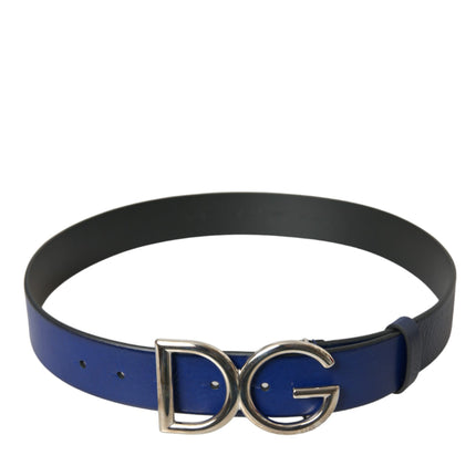 Blue Leather Silver Metal Logo Buckle Belt Men