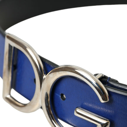 Blue Leather Silver Metal Logo Buckle Belt Men