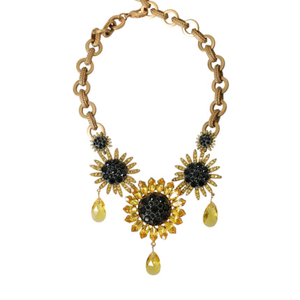 Gold Tone Brass Sunflower Crystal Embellished Necklace