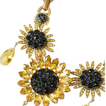 Gold Tone Brass Sunflower Crystal Embellished Necklace