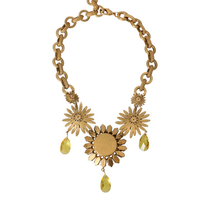 Gold Tone Brass Sunflower Crystal Embellished Necklace