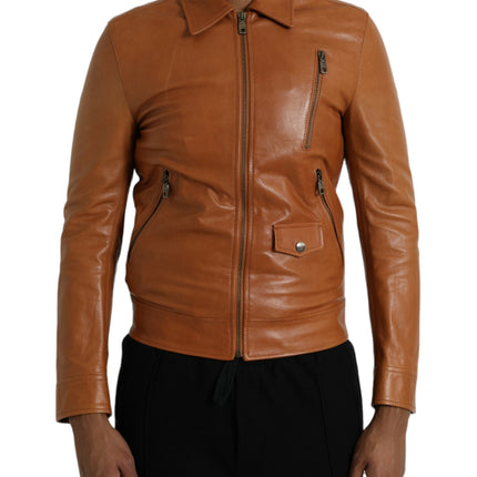 Brown Lamb Leather Full Zip Blouson Jacket