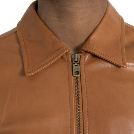 Brown Lamb Leather Full Zip Blouson Jacket