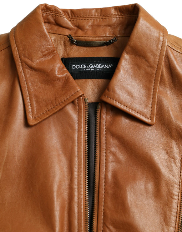 Brown Lamb Leather Full Zip Blouson Jacket