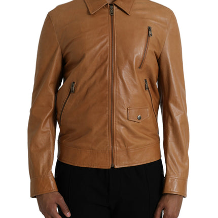 Brown Lamb Leather Full Zip Blouson Jacket