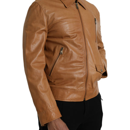 Brown Lamb Leather Full Zip Blouson Jacket