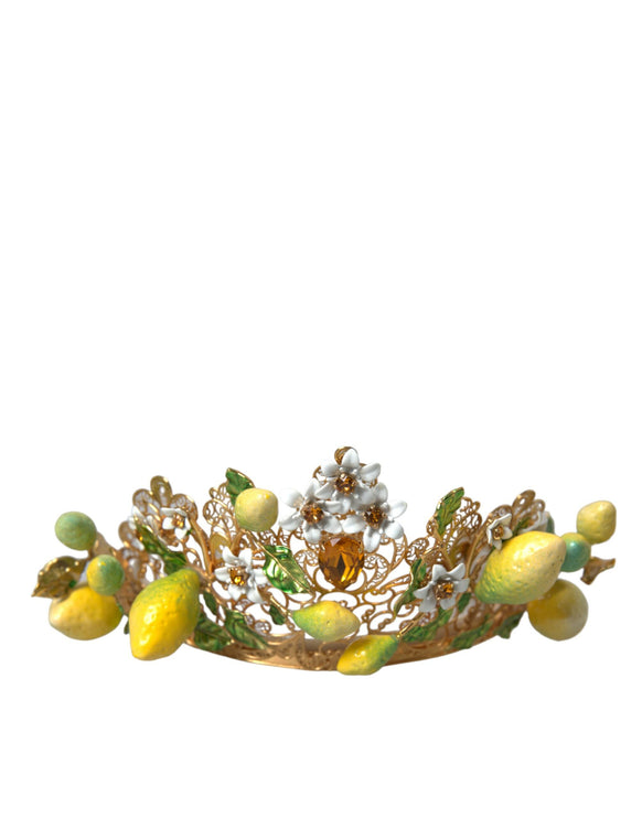 Gold Tone Brass Crystal Sicilië Lemon Head Crown Tiara