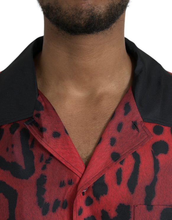 Rood Luipaard Zijden Button Down Casual Overhemd