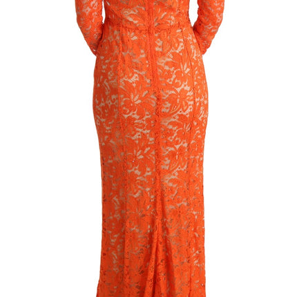 Elegant Long-Sleeve Full-Length Orange Sheath Dress