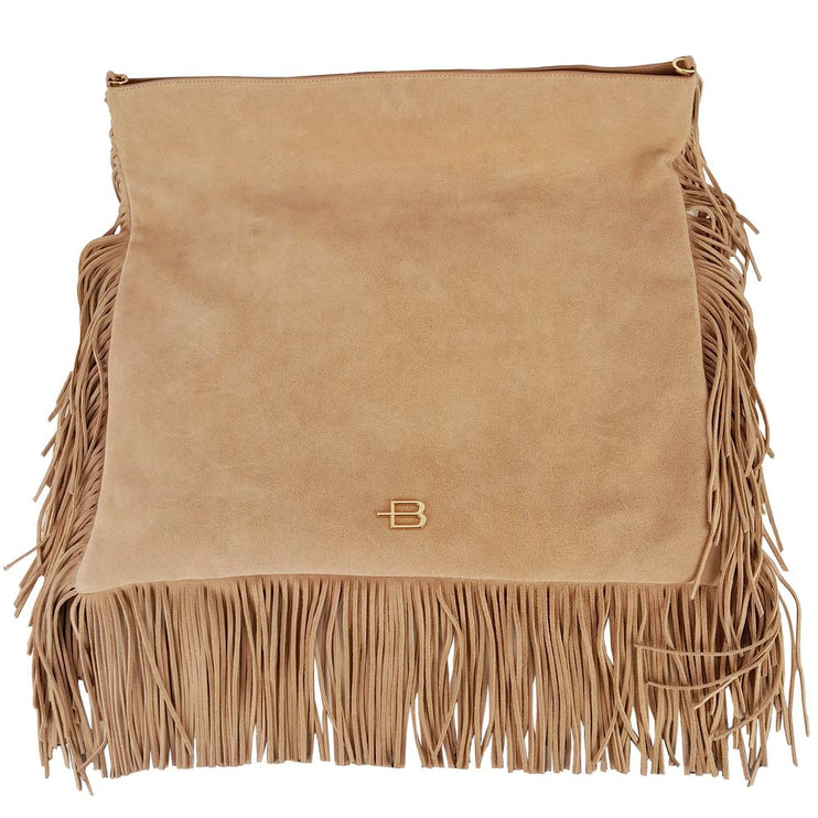 Elegante bolso de ante beige con flecos