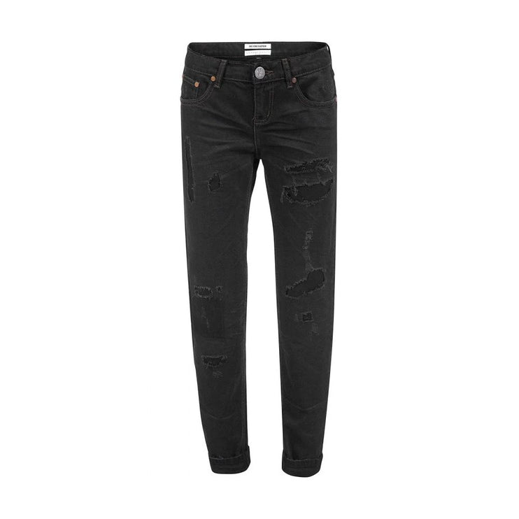 Chique zwart noodlijdende gepatchte jeans