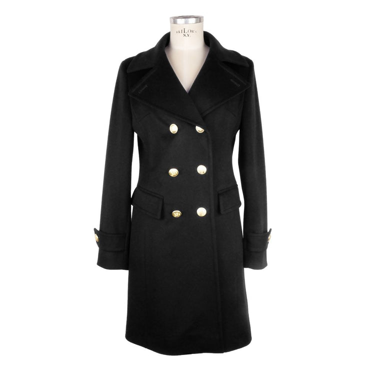 Élégant manteau en laine noire avec boutons en or