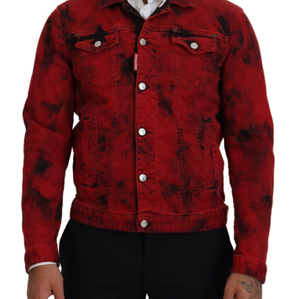 Rojo Negro Tie Dye Hombres Collared Denim Jacket