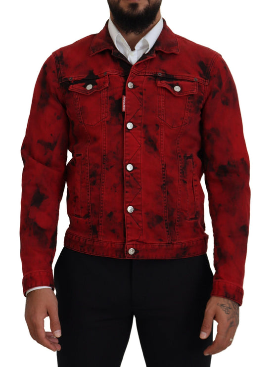 Rojo Negro Tie Dye Hombres Collared Denim Jacket