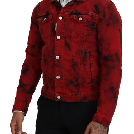 Rojo Negro Tie Dye Hombres Collared Denim Jacket