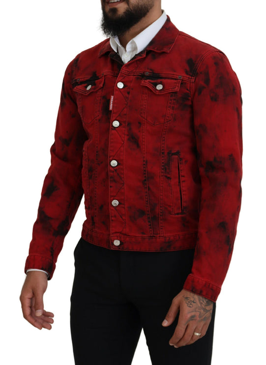 Rojo Negro Tie Dye Hombres Collared Denim Jacket