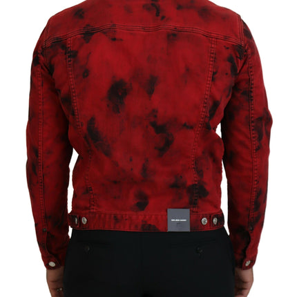 Rojo Negro Tie Dye Hombres Collared Denim Jacket