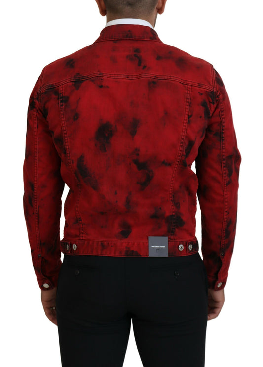 Rojo Negro Tie Dye Hombres Collared Denim Jacket