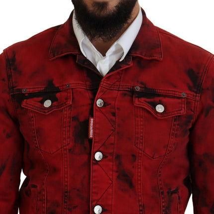 Rojo Negro Tie Dye Hombres Collared Denim Jacket