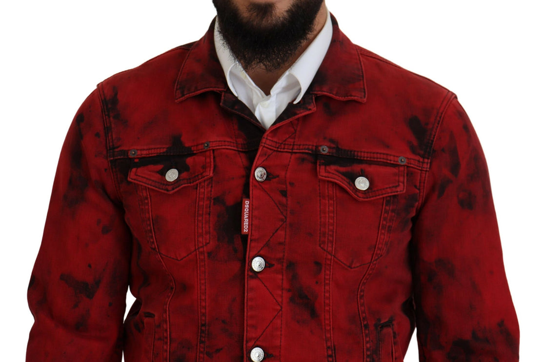 Rojo Negro Tie Dye Hombres Collared Denim Jacket