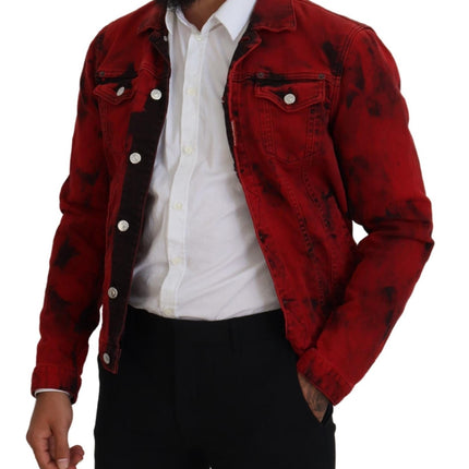 Rojo Negro Tie Dye Hombres Collared Denim Jacket