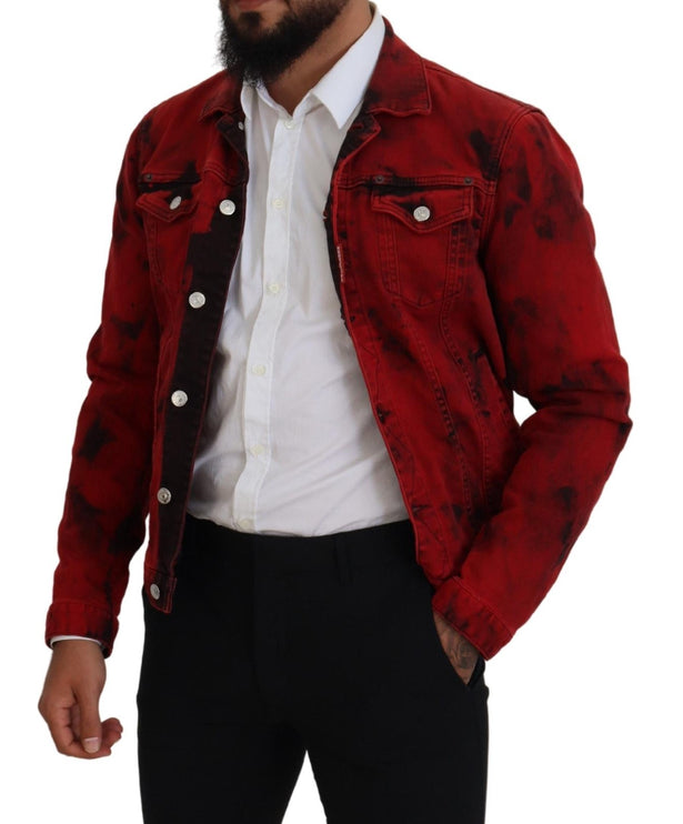 Rojo Negro Tie Dye Hombres Collared Denim Jacket