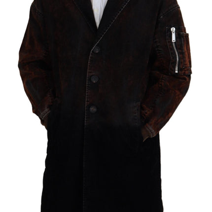 Brown Full Button Men Long Coat Cotton Jacket