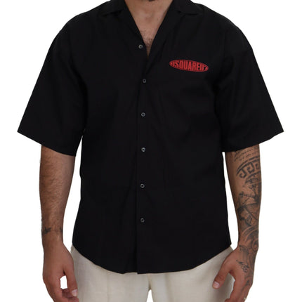 Black Cotton Collared Logo Print Short Sleeve Shirt