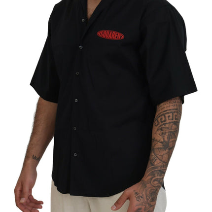 Black Cotton Collared Logo Print Short Sleeve Shirt