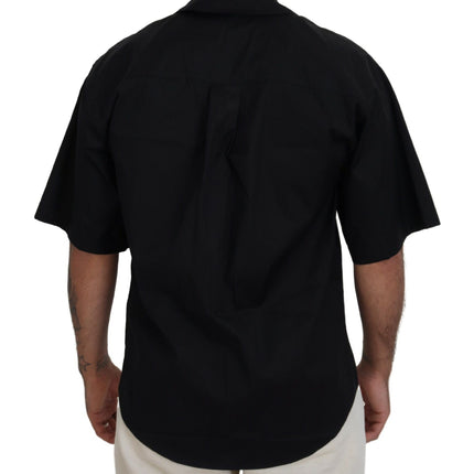 Black Cotton Collared Logo Print Short Sleeve Shirt