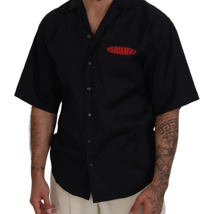 Black Cotton Collared Logo Print Short Sleeve Shirt