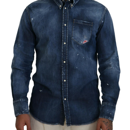 Azul lavado con cuello Hombres Casual Camisa de manga larga