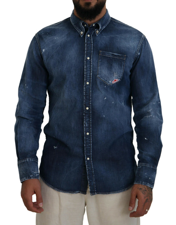 Azul lavado con cuello Hombres Casual Camisa de manga larga