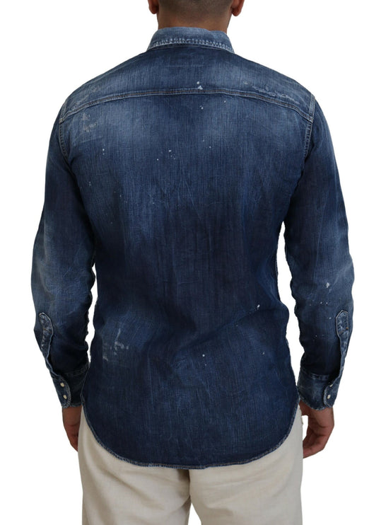 Azul lavado con cuello Hombres Casual Camisa de manga larga