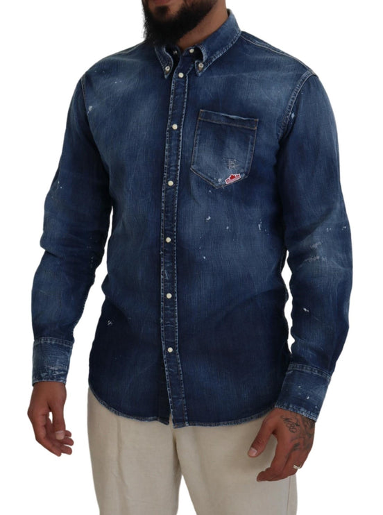 Azul lavado con cuello Hombres Casual Camisa de manga larga