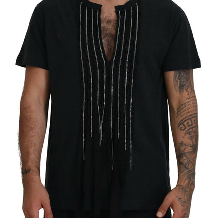 T-shirt a maniche corte in cotone nero impreziosita da catene