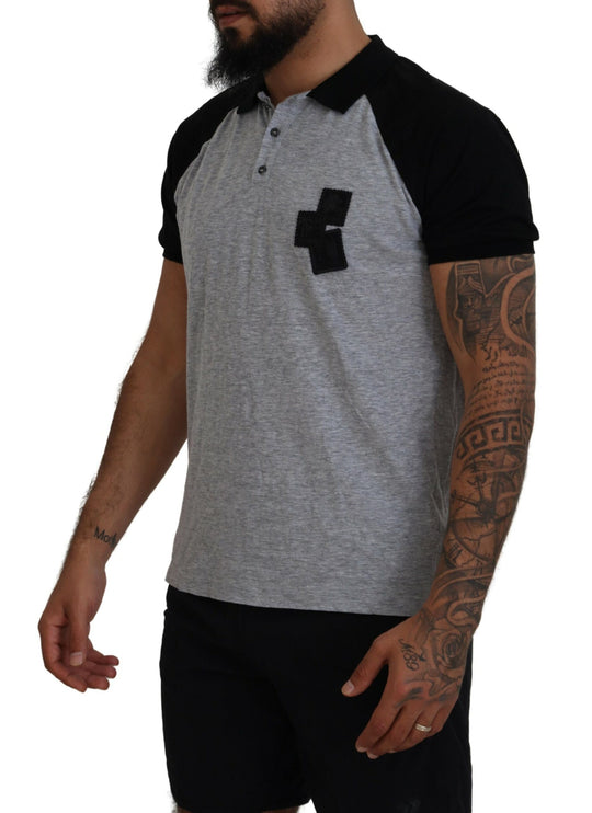 Camiseta con cuello de manga corta de algodón gris y negro