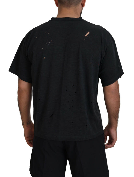 Black Cotton Short Sleeves Crewneck T-shirt