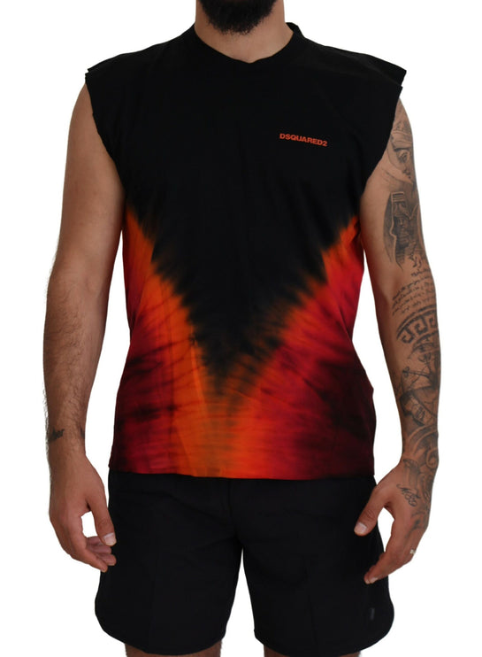 Zwart oranje katoenen mouwloze tank T-shirt