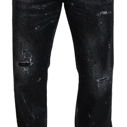 Black Crystal Embellished Tattered Denim Jeans