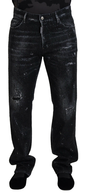 Black Crystal Embellished Tattered Denim Jeans