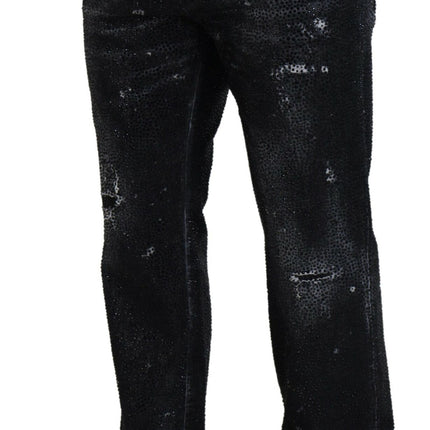 Black Crystal Embellished Tattered Denim Jeans