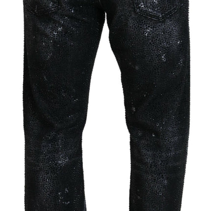 Black Crystal Embellished Tattered Denim Jeans