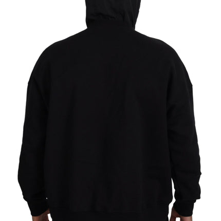 Black Cotton Hooded Printed Pullover Sweater