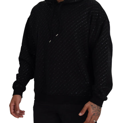 Black Cotton Hooded Printed Men Pullover Sweater