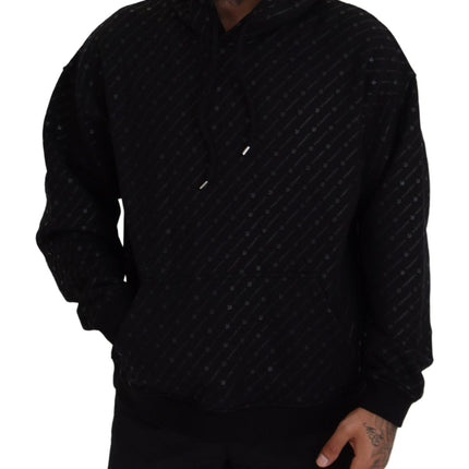 Black Cotton Hooded Printed Men Pullover Sweater