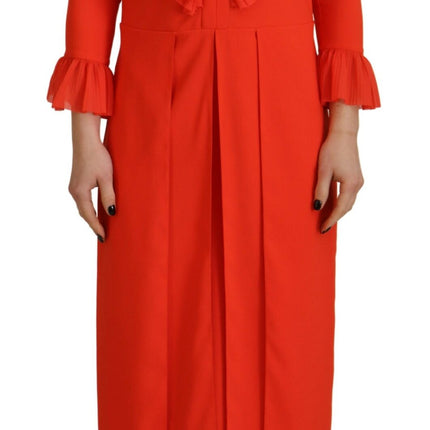 Robe midi plissée à manches longues en polyester rouge