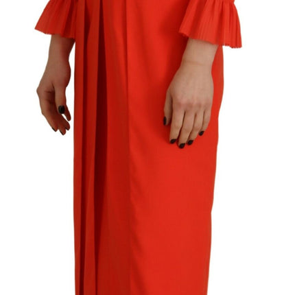 Robe midi plissée à manches longues en polyester rouge