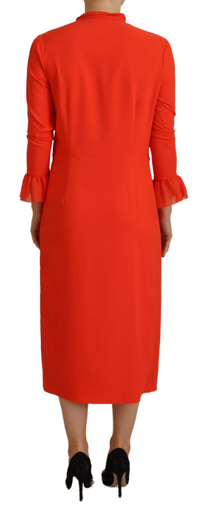 Robe midi plissée à manches longues en polyester rouge